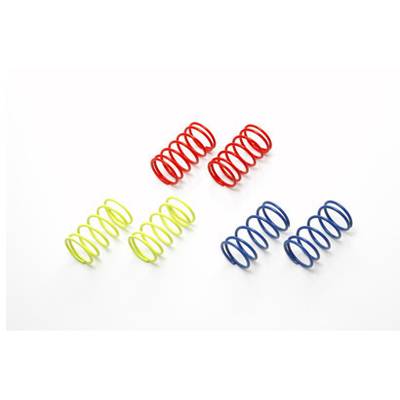 Red, yellow, and blue spiral springs on a white background, evenly arranged, demonstrate diversity in shapes and colours.