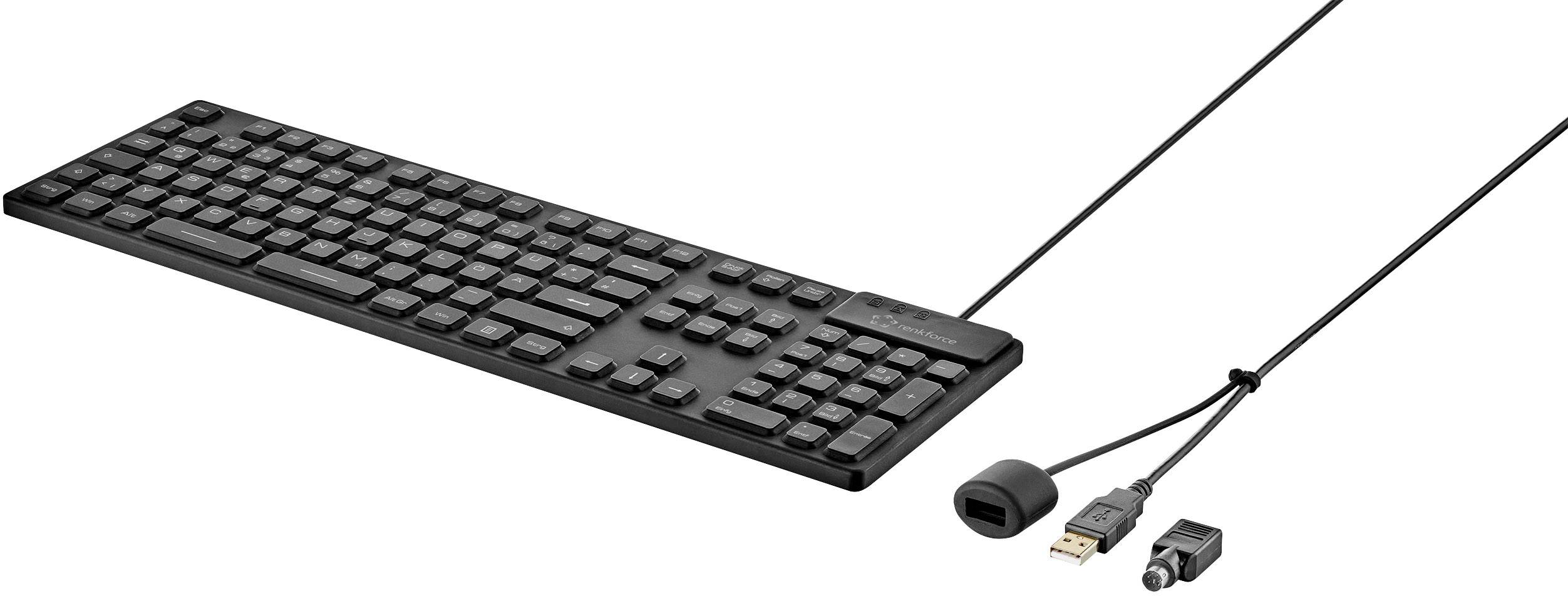 A black wired computer keyboard with USB and audio ports. Ideal for office use with a sleek design.