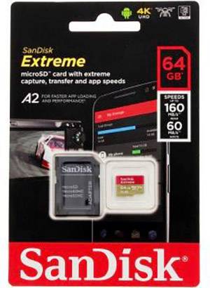 SanDisk Extreme microSD Card with 64 GB, suitable for 4K video recording. Fast transfer rates: 160 MB/s read, 60 MB/s write.