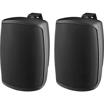 Two black loudspeaker boxes with a rounded design, suitable for wall mounting. Ideal for indoor and outdoor areas.