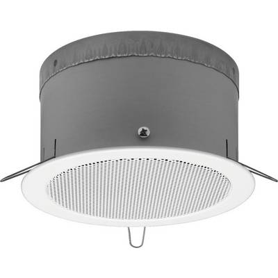Grey cylindrical ceiling speaker with white grille. Discreet and intended for ceiling mounting in interior spaces.