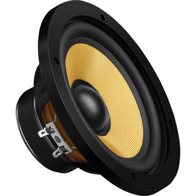 A round speaker with a yellow membrane and black frame. The connections are visible on the side. It is a detailed image.
