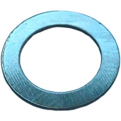 A flat, round metal washer with a central hole. It is smooth and shiny, typical for fastening purposes.