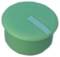 A round, green plastic container with a lid and a light-coloured stripe on the lid.