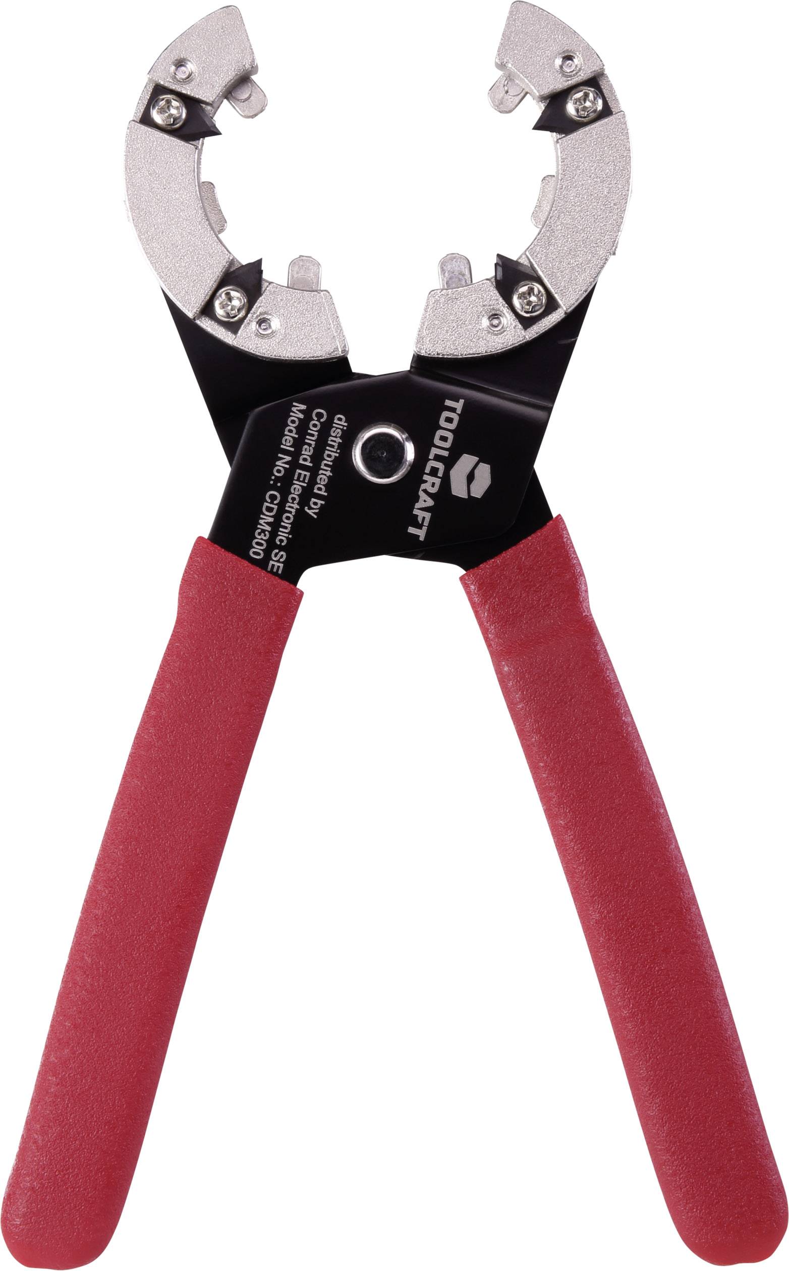 A wire stripper with serrated jaws, red handles, and a silver head, used for stripping electrical cables.
