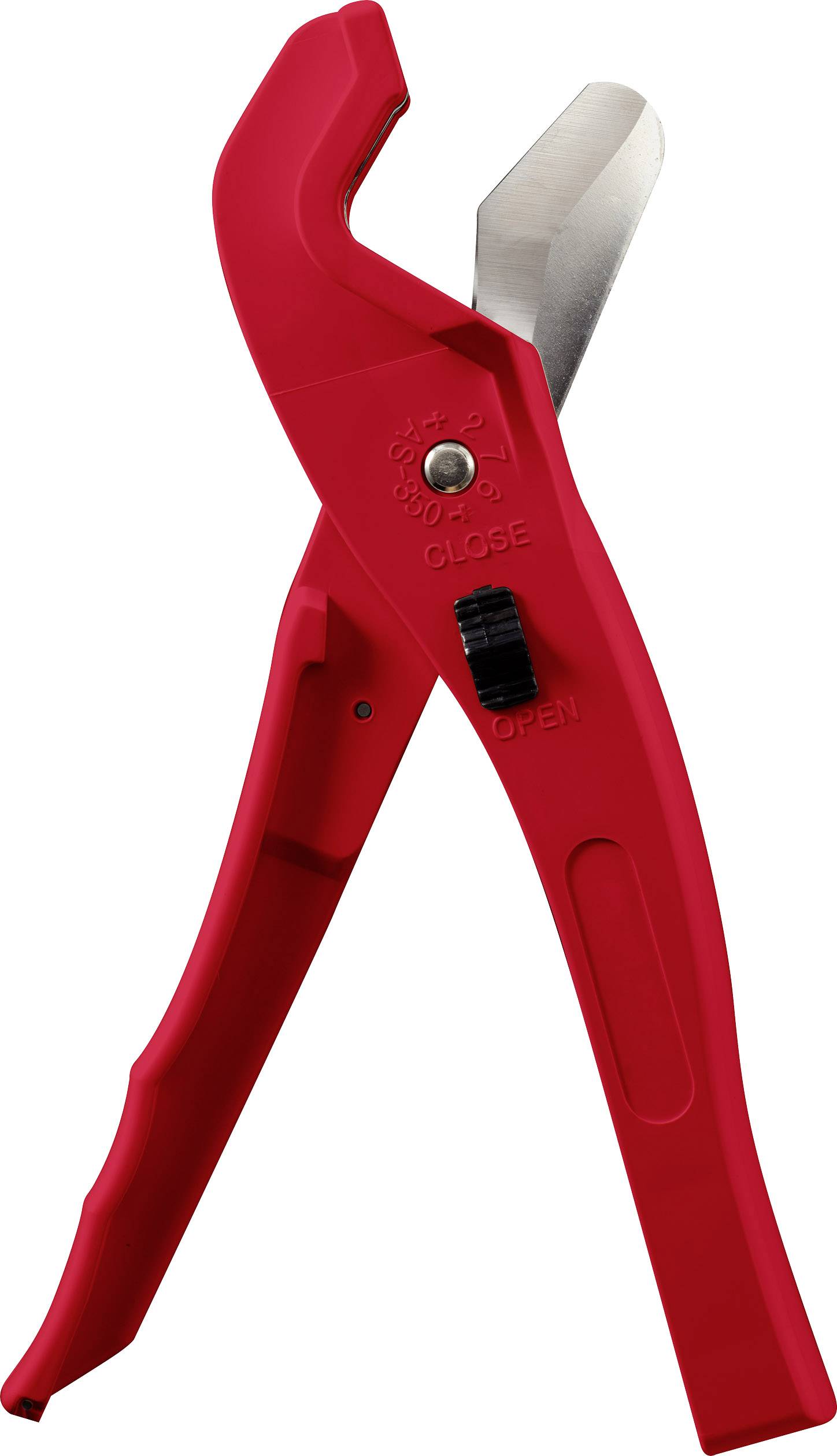 Red plastic pipe scissors with silver blade and adjustable lock.