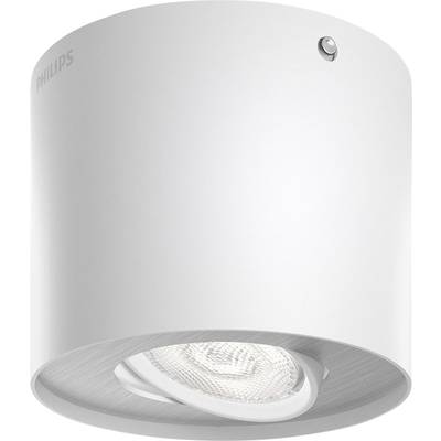 White, cylindrical LED ceiling light with adjustable spotlight by Philips. Modern design, suitable for targeted indoor lighting.