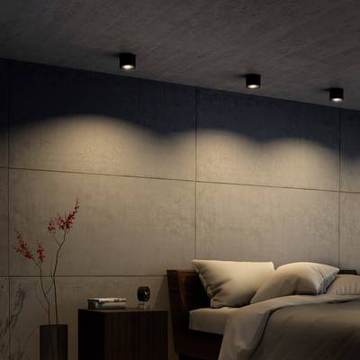A modern bedroom with concrete walls, subdued lighting and a large bed with numerous cushions. On the left, a vase with branches stands.