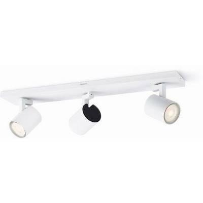 White, three-light ceiling spotlight with adjustable lamps, mounted on a rectangular base. Ideal for directional lighting.