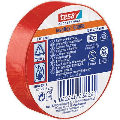 'Roll of red electrical insulating tape tesa® tesaflex® 53988, 10m x 15mm, 0.15mm thickness, 7000 V voltage, IEC-certified.'<br><br>Note: The translation maintains the technical specifications and uses British English spelling and formatting.