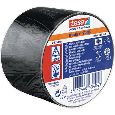 Black insulating tape 'tesaflex 53988' 25 m x 50 mm for electrical insulation up to 7000 V, on a roll, with product information.