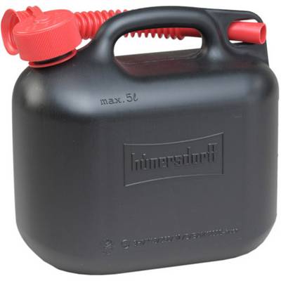 Black plastic jerry can with red screw cap and carrying handle, maximum capacity of 5 litres, suitable for fuels.