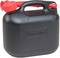 Black plastic jerry can with red screw cap and carrying handle, maximum capacity of 5 litres, suitable for fuels.