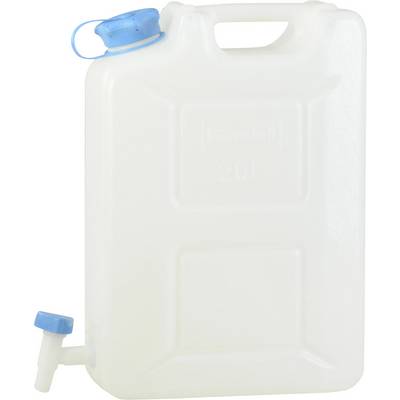 A white 20-litre jerry can with a blue screw cap and tap, ideal for storing and transporting liquids.