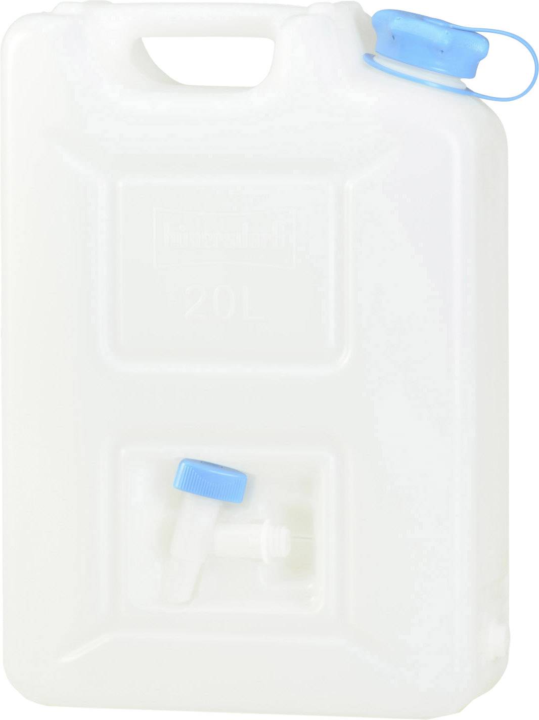 A white 20-litre canister with a blue cap and tap at the front. Suitable for the safe storage and transportation of liquids.