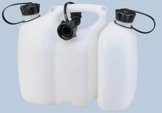Three white plastic jerry cans with black caps. The middle jerry can has a handle and a pouring spout. The background is light blue.