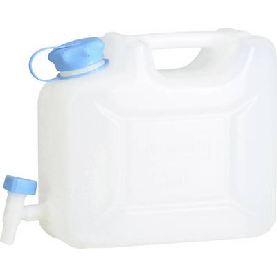 A white, empty water container with a blue cap and integrated spout.
