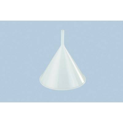 A transparent plastic funnel against a blue background.