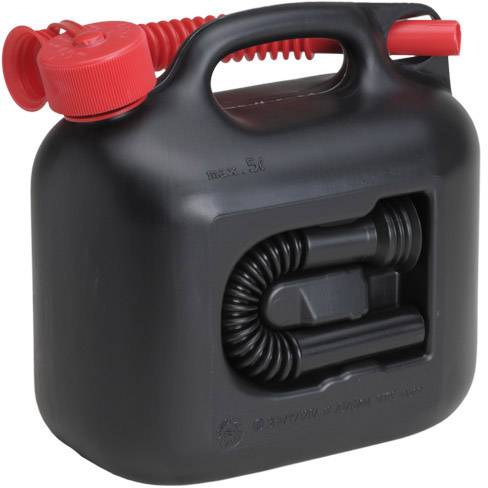 A black petrol jerry can with a red cap and integrated spout. Capacity of 5 litres.