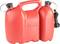 Red petrol jerry can with two compartments, each with a separate black cap. Scale and measurements are visible on the side.