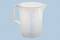 A transparent measuring jug with a blue measurement scale in litres and millilitres up to 5000 ml on a blue background.