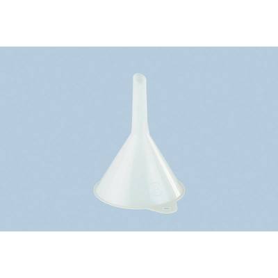 A transparent plastic funnel in front of a light blue background.