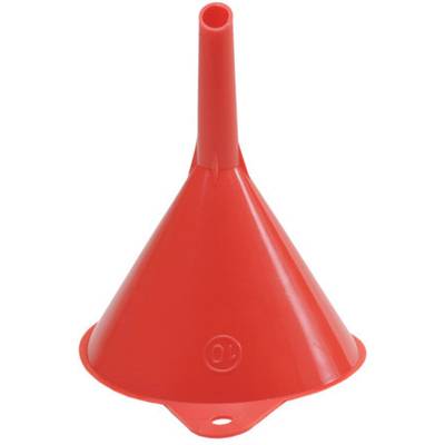 Red plastic funnel with narrow spout, suitable for transferring liquids.
