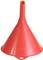 Red plastic funnel with a narrow spout, for easy pouring of liquids.