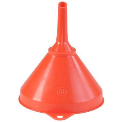 Red plastic funnel with small spout, suitable for transferring liquids. Ideal for automotive or household applications.