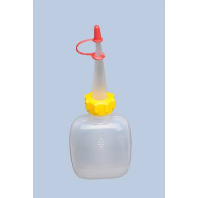 Plastic bottle with a long spout and red sealing ring. Ideal for pouring or dispensing liquids.
