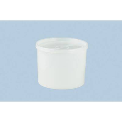 White, round plastic container with lid against a blue background.