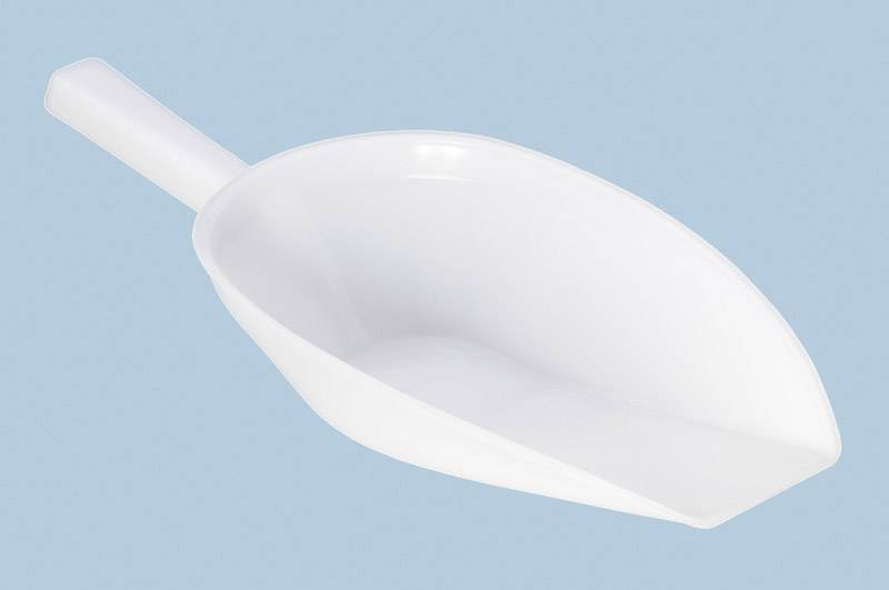 A large white plastic shovel with a long handle, set against a blue background.