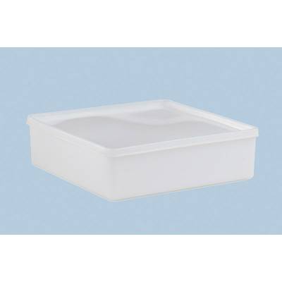 A white, square plastic container with a lid against a blue background.