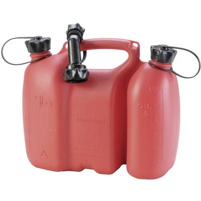 Two red petrol jerry cans with black lids, connected by a carrying handle, one larger with a 5-litre capacity and the other with a 1.5-litre capacity.
