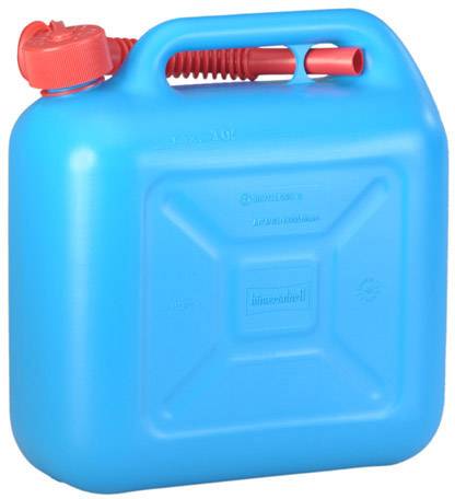 A blue petrol jerry can with a red lid and an integrated funnel.