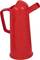 Red plastic jug with curved spout and large handle.