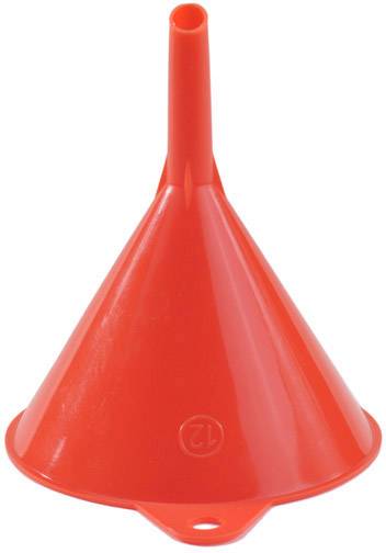 A red plastic funnel with a narrow spout, suitable for transferring liquids.