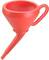 Red plastic funnel with handle, suitable for transferring liquids.