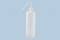 Transparent feeding bottle with curved spout against a light blue background.