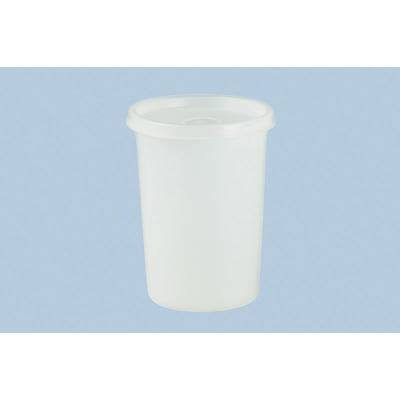 A white, cylindrical plastic cup with a lid on a blue background.