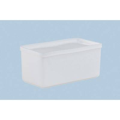 A plain, rectangular white plastic container with a lid against a light blue background.