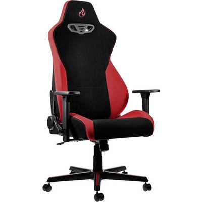 Ergonomic gaming chair in black and red with adjustable armrests, high backrest and castors, suitable for office environments.