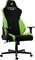 Black and green gaming chair with ergonomic design, adjustable armrests and logo on the backrest.