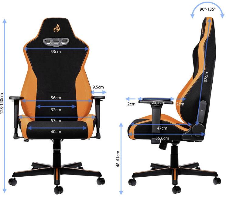 Gaming Chair, orange and black, with dimensions: Total height 128–140 cm, width 53 cm, seat depth 49 cm, adjustable backrest 90°–135°.