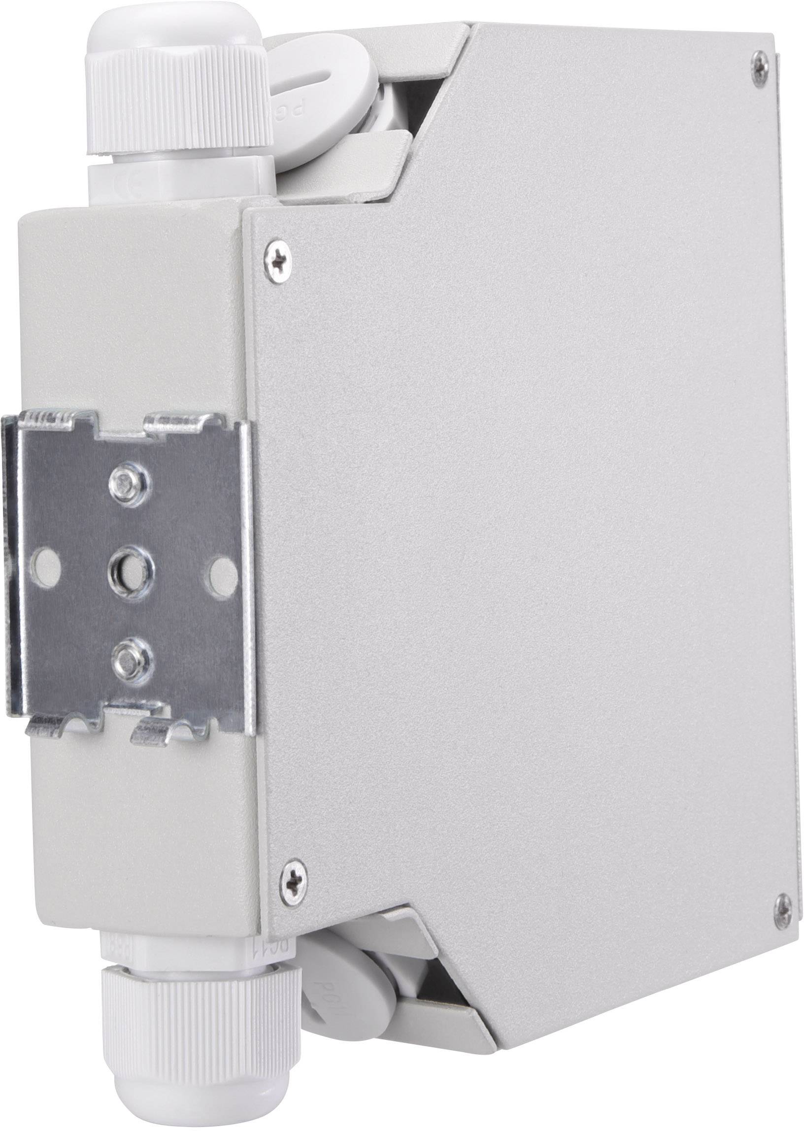 White, rectangular connection box with rounded edges, two side screw locks and an internal metal mounting bracket.