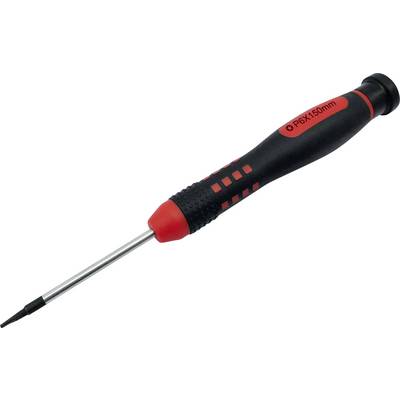 Black and red screwdriver with non-slip grip. Tapered metal tip, suitable for precision work.