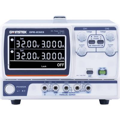 Electronic laboratory power supply 'GW Instek GPE-2323' with two channels. Displays: Voltage 32V, Current 3A, Output OFF.