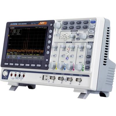 An oscilloscope displays a signal on the screen with multiple buttons and connections for control and data input.