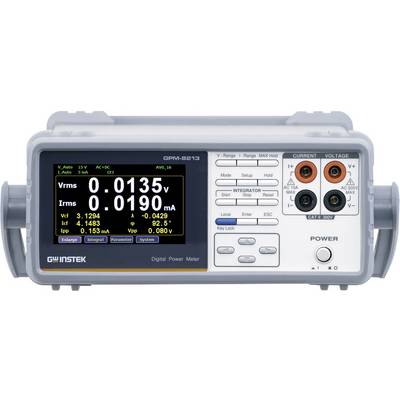 A digital power measurement device with display shows Vrms as 0.0135V and Irms as 0.0190mA. Various connections and control elements are visible.
