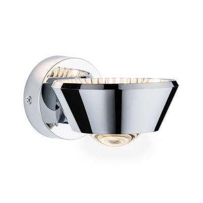 Wall lamp made of gleaming metal with a modern design; semi-circular lampshade radiates warm light upwards.